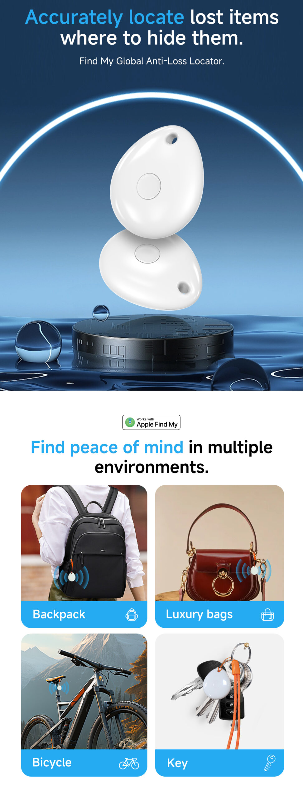 Stellarrise smart tracker used to find items like a backpack, luxury bag, bicycle, and keys. The device works with the Apple Find My network.