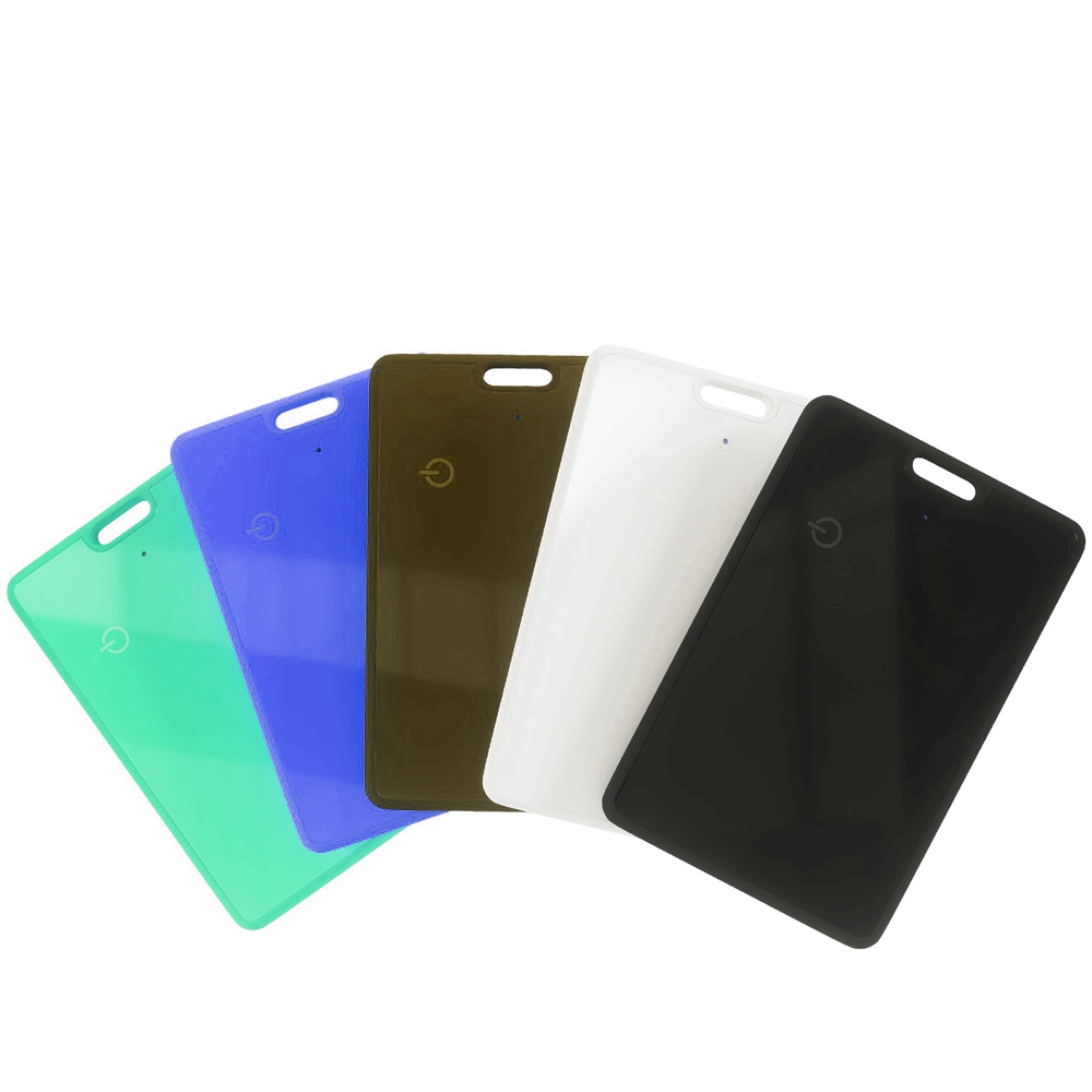 A collection of wallet tracker cards in various colors, including green, blue, brown, white, and black.