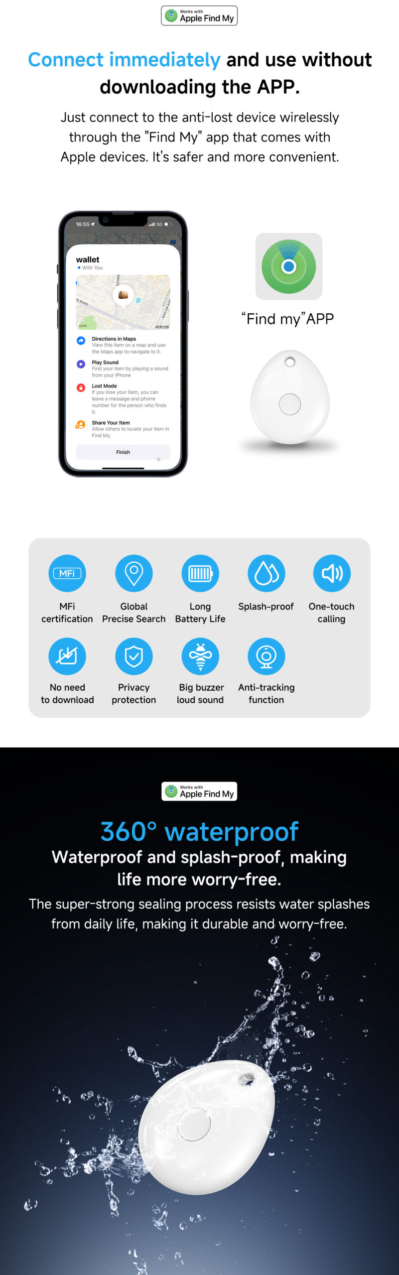 Infographic showing the key features of the Stellarrise tracker, including MFi certification, long battery life, splash-proof design, and loud sound.