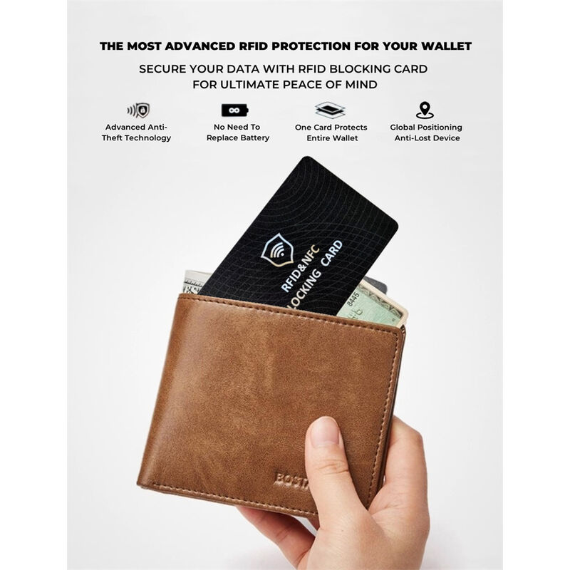 A lifestyle image of the slim tracker card sliding into a wallet, with an iPhone showing the Apple Find My app.