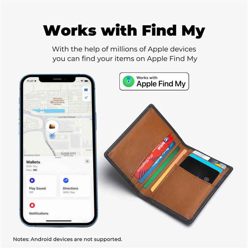 A wallet with the tracker card visibly inside, placed next to a phone displaying its location on the Apple Find My app.