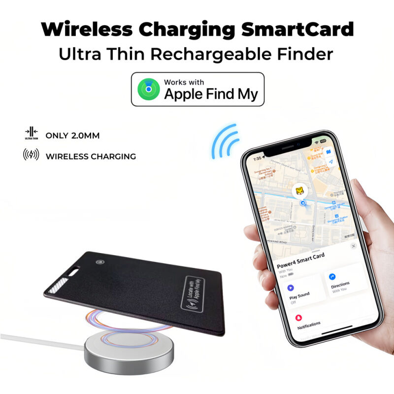 An ultra-thin smart wallet card on a wireless charger, shown next to a phone with the Apple Find My app.